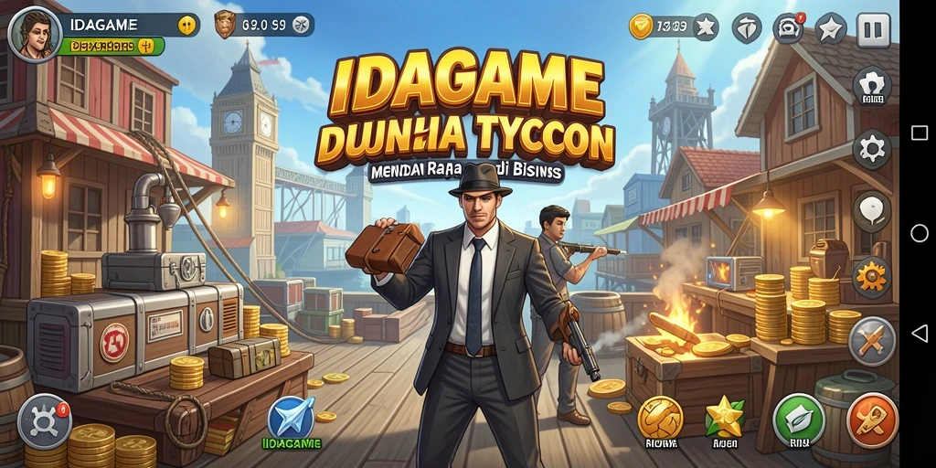 Screenshot gameplay IDAGAME menunjukkan grafis menarik dan strategi bisnis yang menantang.