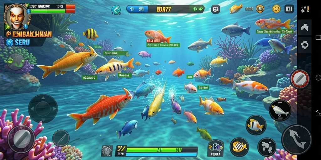 Screenshot gameplay IDR77 yang menampilkan aksi menembak ikan.