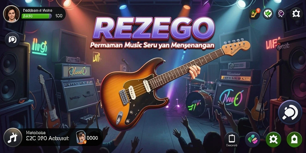 Tangkapan layar gameplay REZEGO yang menampilkan aksi bermain musik yang seru.