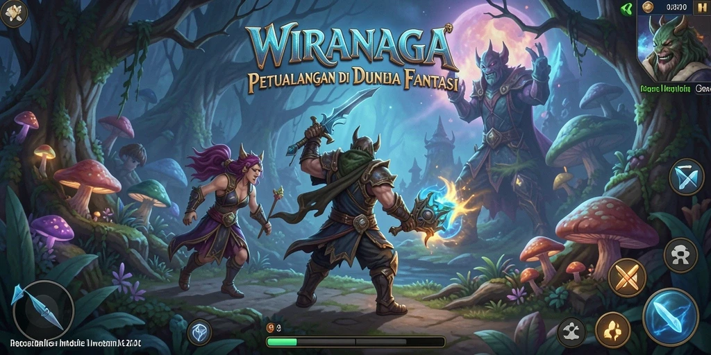 Screenshot gameplay WIRANAGA menampilkan petualangan di dunia fantasi.